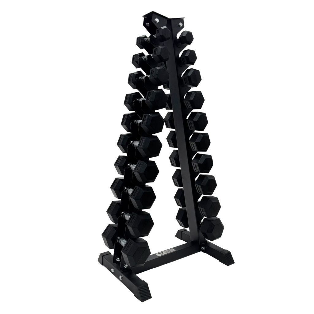 طقم دمبل سداسي مغلف بالمطاط مع حامل هرمي 1-10 كجم من CROSSOVER