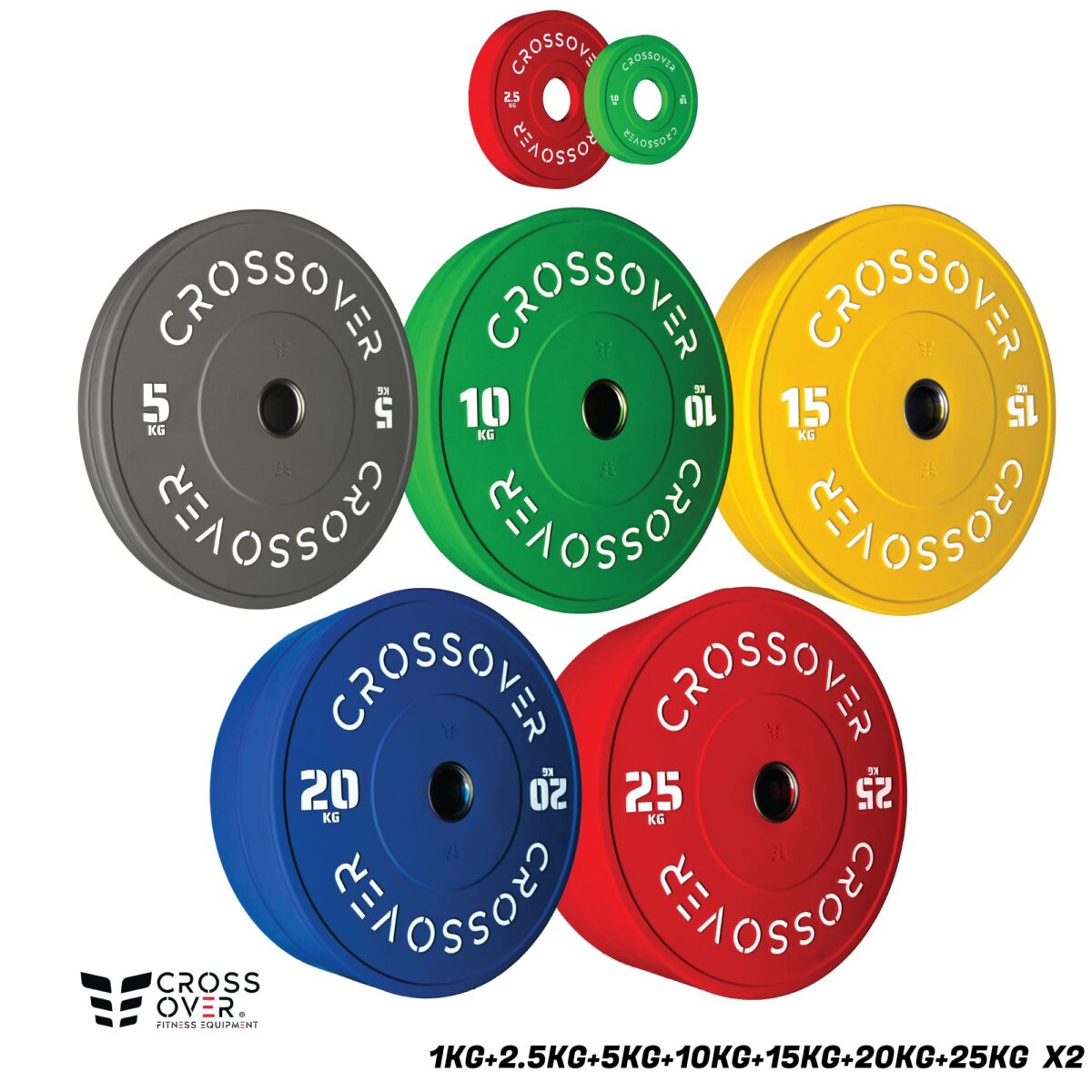 طقم أقراص أولمبية Bumper ملونة عالية الجودة – 1كجم إلى 25كجم (زوج) | Crossover Colour Rubber Bumper Plates