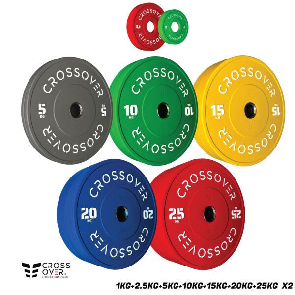 طقم أقراص أولمبية Bumper ملونة عالية الجودة – 1كجم إلى 25كجم (زوج) | Crossover Colour Rubber Bumper Plates
