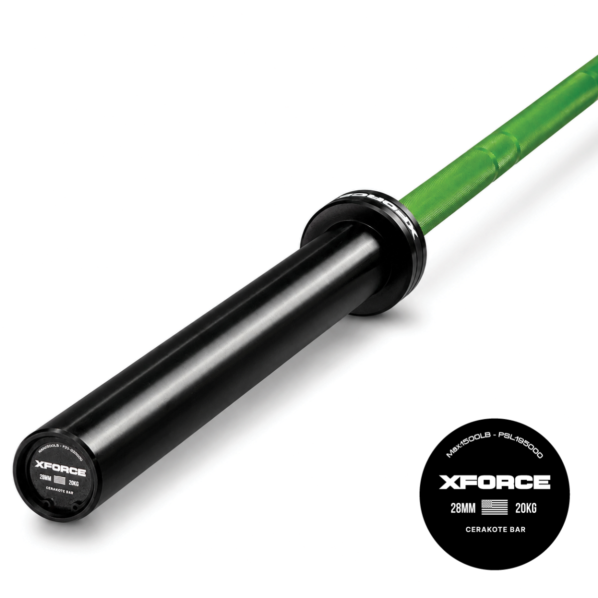 بار أولمبي سيراكوت من XFORCE وزن 20 كجم باللون الأخضر والأسود لرفع الأثقال