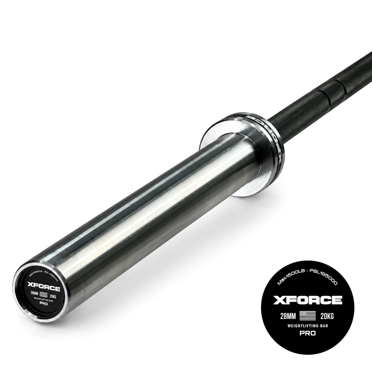 بار أولمبي أسود من XFORCE وزن 20 كجم لرفع الأثقال بطول 220 سم وقطر قبضة 28 مم